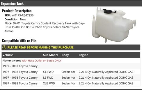 Radiator Expansion Tank - Compatible with 1997-2001 Toyota Camry Sedan 4-Door 2.2L 4-Cylinder DOHC GAS (with Hose Outlet on Bottle) in Saudi Arabia