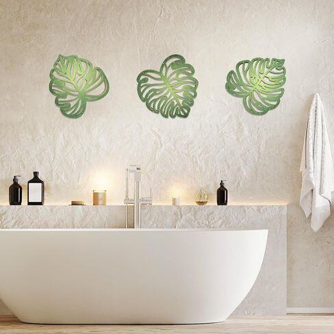 3PCS Palm Leaves Wood Wall Decor, Tropical Wall Art Jungle Decor, Wooden Natural Leaves Plant Wall Decor, Vintage Tropical Plant Plaque for Home Living Room Kitchen Bedroom Bathroom & Garden, Green in Saudi Arabia