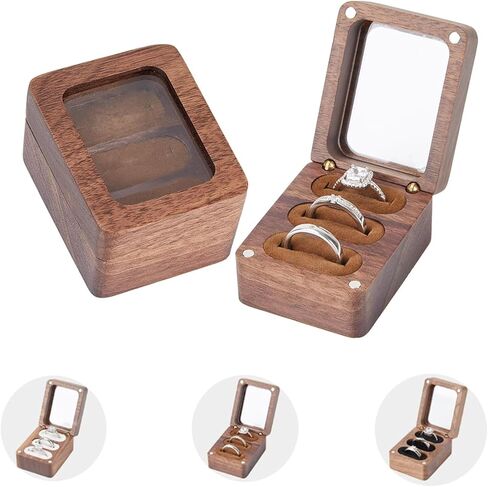 صندوق حلقي خشبي، صندوق حامل حلقي خشبي بثلاث فتحات مع نافذة شفافة، منظم يومي لتخزين مجوهرات خاتم السفر، اقتراح صندوق خاتم للخطوبة والزفاف in Kuwait
