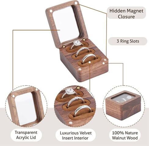 صندوق حلقي خشبي، صندوق حامل حلقي خشبي بثلاث فتحات مع نافذة شفافة، منظم يومي لتخزين مجوهرات خاتم السفر، اقتراح صندوق خاتم للخطوبة والزفاف in Kuwait