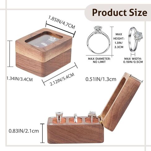 صندوق حلقي خشبي، صندوق حامل حلقي خشبي بثلاث فتحات مع نافذة شفافة، منظم يومي لتخزين مجوهرات خاتم السفر، اقتراح صندوق خاتم للخطوبة والزفاف in Kuwait