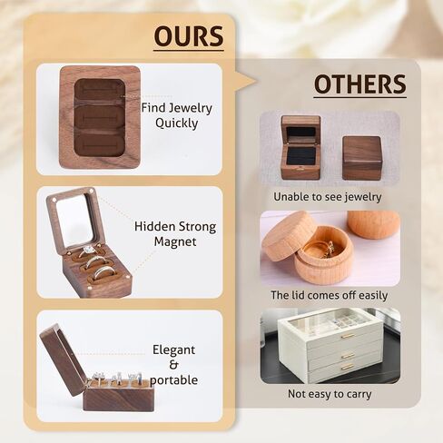 صندوق حلقي خشبي، صندوق حامل حلقي خشبي بثلاث فتحات مع نافذة شفافة، منظم يومي لتخزين مجوهرات خاتم السفر، اقتراح صندوق خاتم للخطوبة والزفاف in Kuwait