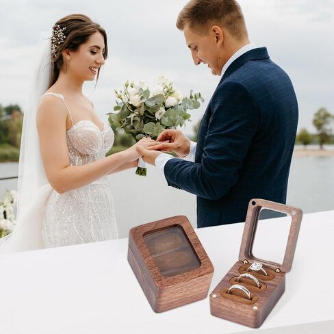 صندوق حلقي خشبي، صندوق حامل حلقي خشبي بثلاث فتحات مع نافذة شفافة، منظم يومي لتخزين مجوهرات خاتم السفر، اقتراح صندوق خاتم للخطوبة والزفاف in Kuwait