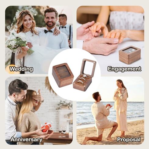 صندوق حلقي خشبي، صندوق حامل حلقي خشبي بثلاث فتحات مع نافذة شفافة، منظم يومي لتخزين مجوهرات خاتم السفر، اقتراح صندوق خاتم للخطوبة والزفاف in Kuwait