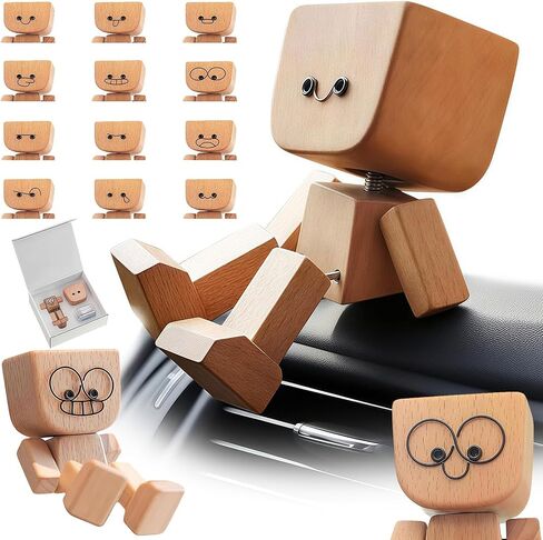 2025 New Shaking Wooden Man, Handmade Shaking Feet Wooden Car Dashboard Decorations with 12 Pcs Magnetic Expressions, Creative Wood Desktop Decor for Travel, Creative Gifts for Men in Saudi Arabia