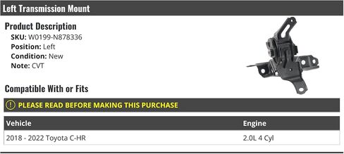Left CVT Transmission Mount - Compatible with 2018-2022 Toyota C-HR 2.0L 4-Cylinder in Saudi Arabia