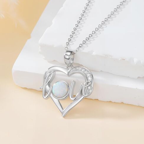925 Sterling Silver Heart Opal with Genuine Diamond Necklace for Women Dainty October Birthstone Pendant Necklace Birthday Christmas Jewelry Gift for Mother Wife in Saudi Arabia