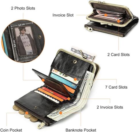 محفظة من الجلد الطبيعي بقفل Kiss Lock للنساء، محفظة صغيرة ثنائية الطي RFID مع نافذة للصور (أحمر) in Saudi Arabia