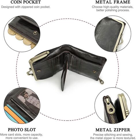محفظة من الجلد الطبيعي بقفل Kiss Lock للنساء، محفظة صغيرة ثنائية الطي RFID مع نافذة للصور (أحمر) in Saudi Arabia