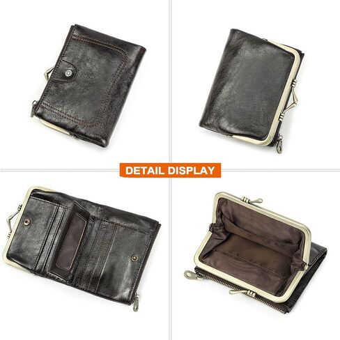 محفظة من الجلد الطبيعي بقفل Kiss Lock للنساء، محفظة صغيرة ثنائية الطي RFID مع نافذة للصور (أحمر) in Saudi Arabia