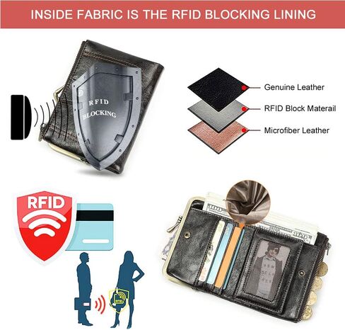 محفظة من الجلد الطبيعي بقفل Kiss Lock للنساء، محفظة صغيرة ثنائية الطي RFID مع نافذة للصور (أحمر) in Saudi Arabia