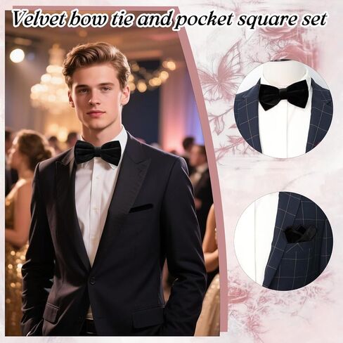Velvet Bow Ties for Men Set, Pre-tied Mens Bow Tie and Solid Color Pocket Square for Banquet Wedding Party Concert in Saudi Arabia