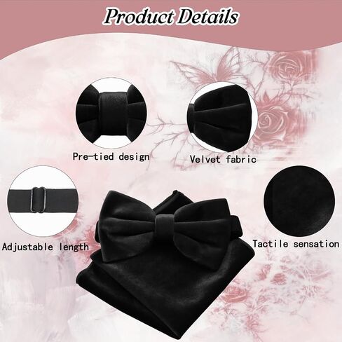 Velvet Bow Ties for Men Set, Pre-tied Mens Bow Tie and Solid Color Pocket Square for Banquet Wedding Party Concert in Saudi Arabia