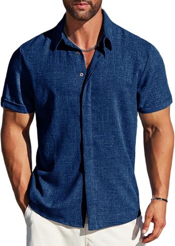 MAPICK Men's Linen Shirts Short Sleeve Button Down Casual Shirt Business Dress Clothing Beach Fashion Summer Tops in Kuwait