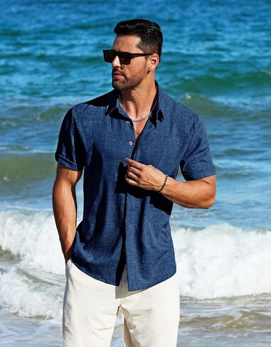 MAPICK Men's Linen Shirts Short Sleeve Button Down Casual Shirt Business Dress Clothing Beach Fashion Summer Tops in Kuwait