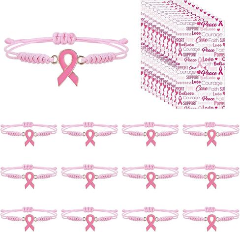 12 Sets Breast Cancer Awareness Bracelets Adjustable Pink Cord Ribbon Braided Bracelets and Inspirational Card Gifts for Charity Public Activity Supplies in Saudi Arabia