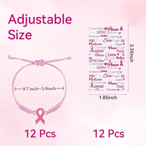 12 Sets Breast Cancer Awareness Bracelets Adjustable Pink Cord Ribbon Braided Bracelets and Inspirational Card Gifts for Charity Public Activity Supplies in Saudi Arabia