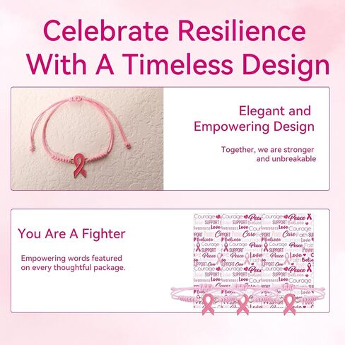 12 Sets Breast Cancer Awareness Bracelets Adjustable Pink Cord Ribbon Braided Bracelets and Inspirational Card Gifts for Charity Public Activity Supplies in Saudi Arabia