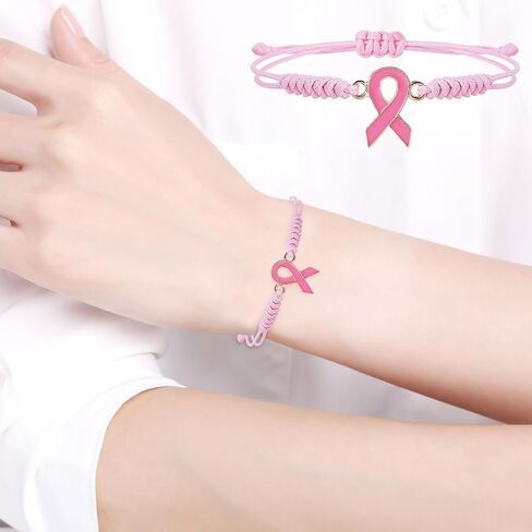 12 Sets Breast Cancer Awareness Bracelets Adjustable Pink Cord Ribbon Braided Bracelets and Inspirational Card Gifts for Charity Public Activity Supplies in Saudi Arabia