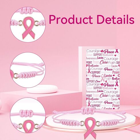 12 Sets Breast Cancer Awareness Bracelets Adjustable Pink Cord Ribbon Braided Bracelets and Inspirational Card Gifts for Charity Public Activity Supplies in Saudi Arabia