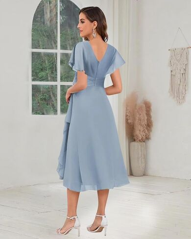 فساتين أم العروس بطول الشاي - 2025 فستان سهرة رسمي زفاف شيفون مطرز بأكمام قصيرة للنساء in Kuwait