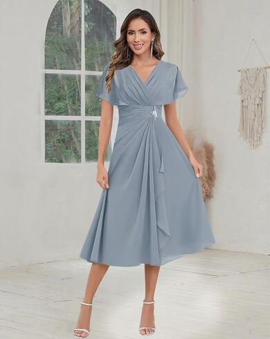 فساتين أم العروس بطول الشاي - 2025 فستان سهرة رسمي زفاف شيفون مطرز بأكمام قصيرة للنساء in Kuwait