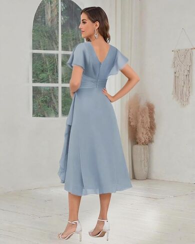 فساتين أم العروس بطول الشاي - 2025 فستان سهرة رسمي زفاف شيفون مطرز بأكمام قصيرة للنساء in Kuwait