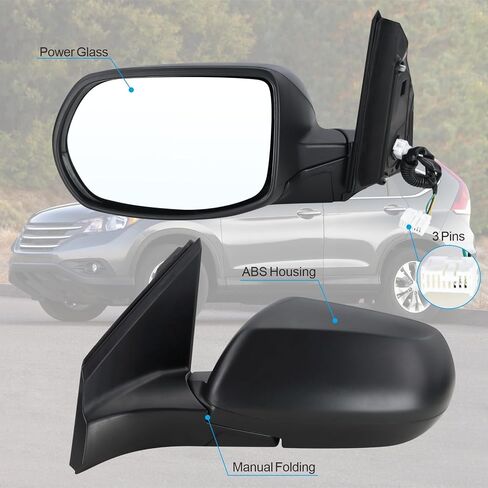Left Driver Side Mirror Compatible With 2012 2013 2014 2015 2016 Honda CRV CR-V With Manual Folding Power Glass Black Replace#76258-T0A-A11(3Pins) in Saudi Arabia