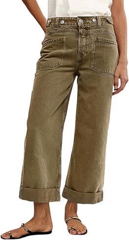 Flamingals Roll Hem Women Mid Waist Comfort Stretch Wide Leg Crop Pants Casual Button Detail Pocket in Saudi Arabia