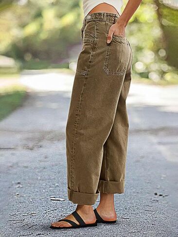 Flamingals Roll Hem Women Mid Waist Comfort Stretch Wide Leg Crop Pants Casual Button Detail Pocket in Saudi Arabia