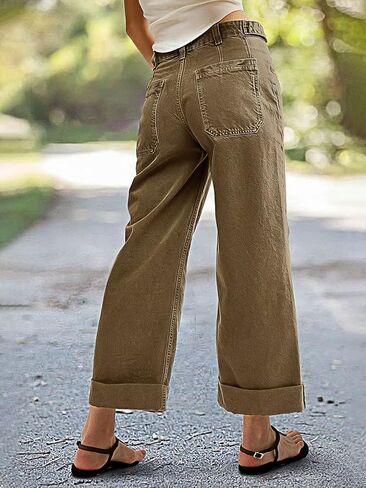 Flamingals Roll Hem Women Mid Waist Comfort Stretch Wide Leg Crop Pants Casual Button Detail Pocket in Saudi Arabia