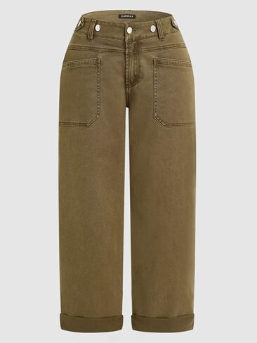 Flamingals Roll Hem Women Mid Waist Comfort Stretch Wide Leg Crop Pants Casual Button Detail Pocket in Saudi Arabia
