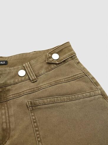 Flamingals Roll Hem Women Mid Waist Comfort Stretch Wide Leg Crop Pants Casual Button Detail Pocket in Saudi Arabia
