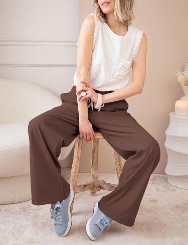 Ailoqing سروال قصير نسائي غير رسمي برباط مرن متوسط ​​الارتفاع مستقيم الساق بنطلون فضفاض مريح مع جيوب in Kuwait