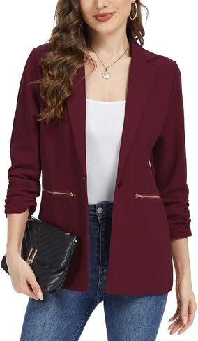 MINTLIMIT Womens Blazer 3/4 Ruched Sleeve Button Front Jackets Casual Work Office Cardigan Suit Jacket with Zipper Pocket in Saudi Arabia