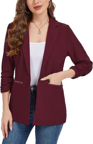 MINTLIMIT Womens Blazer 3/4 Ruched Sleeve Button Front Jackets Casual Work Office Cardigan Suit Jacket with Zipper Pocket in Saudi Arabia