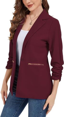 MINTLIMIT Womens Blazer 3/4 Ruched Sleeve Button Front Jackets Casual Work Office Cardigan Suit Jacket with Zipper Pocket in Saudi Arabia