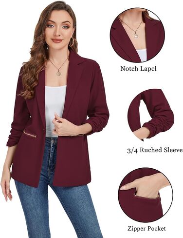 MINTLIMIT Womens Blazer 3/4 Ruched Sleeve Button Front Jackets Casual Work Office Cardigan Suit Jacket with Zipper Pocket in Saudi Arabia