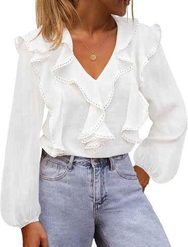 MEROKEETY Women's Fall Long Sleeve Ruffle Blouse Dressy Casual Top V Neck Trendy Business Work Shirts 2025 in Kuwait