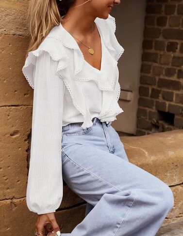 MEROKEETY Women's Fall Long Sleeve Ruffle Blouse Dressy Casual Top V Neck Trendy Business Work Shirts 2025 in Kuwait
