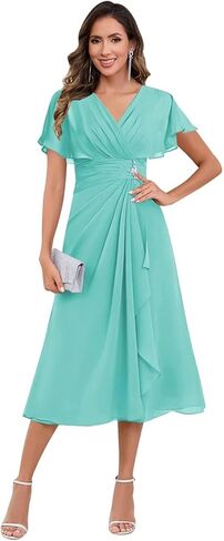 فساتين أم العروس بطول الشاي - 2025 فستان سهرة رسمي زفاف شيفون مطرز بأكمام قصيرة للنساء in Kuwait