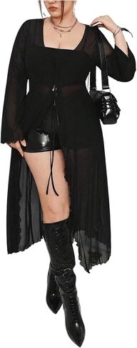 SHENHE Women's Plus Size Mesh Tie Front Shirt High Low Asymmetrical Bell Sleeve Flowy Tunic Shirt in Saudi Arabia