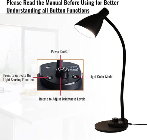 LED Desk Lamp, 3 Lighting Modes and 6 Brightness Levels, 10W Flexible Gooseneck Table Lamp for Living Room and Study, Remote Control with Timing Function, AC Adapter Included (Black) in Kuwait