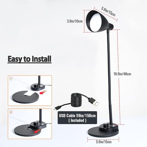 LED Desk Lamp, 3 Lighting Modes and 6 Brightness Levels, 10W Flexible Gooseneck Table Lamp for Living Room and Study, Remote Control with Timing Function, AC Adapter Included (Black) in Kuwait