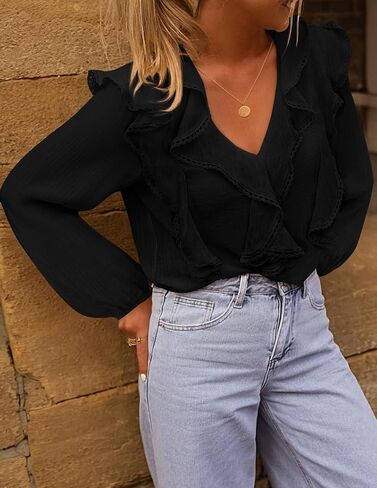 MEROKEETY Women's Fall Long Sleeve Ruffle Blouse Dressy Casual Top V Neck Trendy Business Work Shirts 2025 in Saudi Arabia