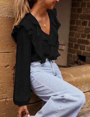 MEROKEETY Women's Fall Long Sleeve Ruffle Blouse Dressy Casual Top V Neck Trendy Business Work Shirts 2025 in Saudi Arabia