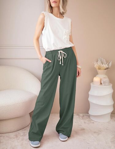 Ailoqing سروال قصير نسائي غير رسمي برباط مرن متوسط ​​الارتفاع مستقيم الساق بنطلون فضفاض مريح مع جيوب in Kuwait