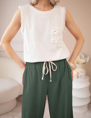 Ailoqing سروال قصير نسائي غير رسمي برباط مرن متوسط ​​الارتفاع مستقيم الساق بنطلون فضفاض مريح مع جيوب in Kuwait