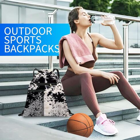 Drawstring Backpack Sports Gym Bag, Large String Swim Bag for Beach With Water Bottle Mesh Pocket, Cute Gym Sack with Zipper Pocket for Men Women Cute Cow Hide in Saudi Arabia