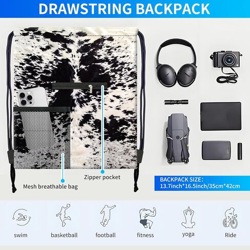 Drawstring Backpack Sports Gym Bag, Large String Swim Bag for Beach With Water Bottle Mesh Pocket, Cute Gym Sack with Zipper Pocket for Men Women Cute Cow Hide in Saudi Arabia